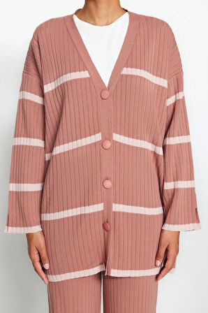 Moda Triko Çizgili V Yaka Düşük Kol Casual Günlük Fitil Örgü Triko Hırka-Pantolon Alt-Üst Takım