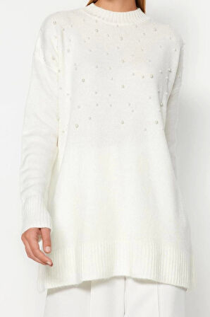 Kadın Modern Tarz Rahat Uzun Bisiklet Yaka Düz Kol Midi Triko Kazak