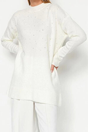 Kadın Modern Tarz Rahat Uzun Bisiklet Yaka Düz Kol Midi Triko Kazak