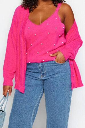 Büyük Beden Kadın Modern Tarz Rahat Uzun V Yaka Düz Kol Regular Triko Takım