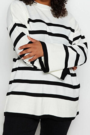 Büyük Beden Kadın Modern Tarz Rahat Uzun Gömlek Yaka Çizgili Kol Regular Triko Kazak