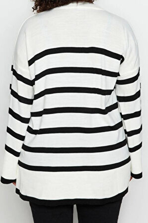 Büyük Beden Kadın Modern Tarz Rahat Uzun Gömlek Yaka Çizgili Kol Regular Triko Kazak