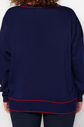 Büyük Beden Kadın Modern Tarz Rahat Uzun V Yaka Çizgili Kol Regular Triko Hırka