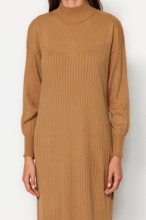 Moda Regular Günlük Ribana Kaşkorse Triko Bisiklet Yaka Uzun Kol Shift Maxi Boy Tesettür Elbise