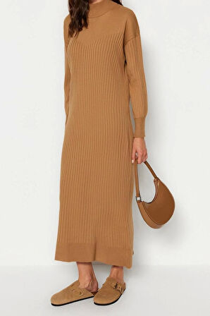 Moda Regular Günlük Ribana Kaşkorse Triko Bisiklet Yaka Uzun Kol Shift Maxi Boy Tesettür Elbise