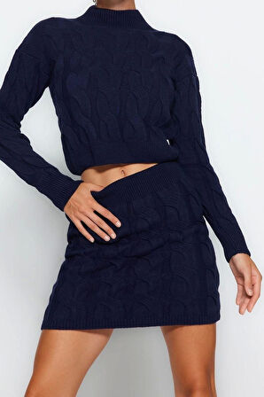 Moda Triko Saç Örgü Dik Yaka Casual Günlük Crop Dik Yaka Triko Alt-Üst Takım