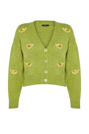 Stil Modern Kadın Regular Düşük Kol V Yaka Yumuşak Dokulu Nakış Detaylı Triko Hırka