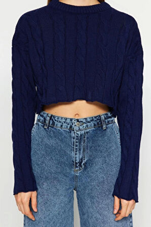 Kadın Modern Tarz Rahat Uzun Bisiklet Yaka Saç Örgü Kol Crop Triko Kazak