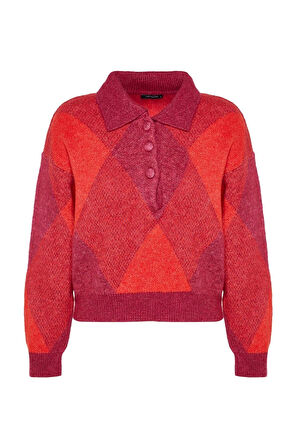 Stil Modern Kadın Regular Düşük Kol Polo Yaka Geniş Kalıp Yumuşak Dokulu Triko Kazak