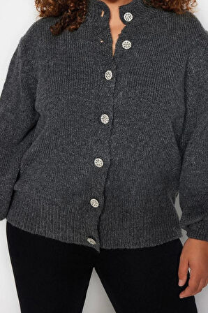 Büyük Beden Kadın Modern Tarz Rahat Uzun Bisiklet Yaka Düz Kol Regular Triko Hırka