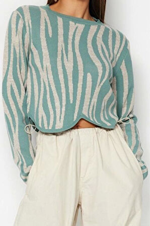 Stil Modern Kadın Crop Standart Kol Bisiklet Yaka Renk Bloklu Triko Kazak