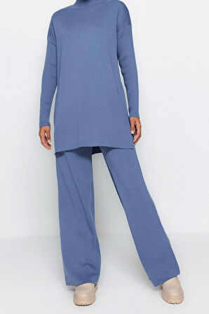 Moda Düz Balıkçı Yaka Düşük Kol Casual Günlük Yırtmaçlı Geniş Paça Triko Alt-Üst Takım