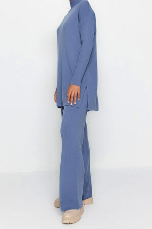 Moda Düz Balıkçı Yaka Düşük Kol Casual Günlük Yırtmaçlı Geniş Paça Triko Alt-Üst Takım