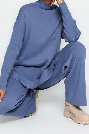 Moda Düz Balıkçı Yaka Düşük Kol Casual Günlük Yırtmaçlı Geniş Paça Triko Alt-Üst Takım