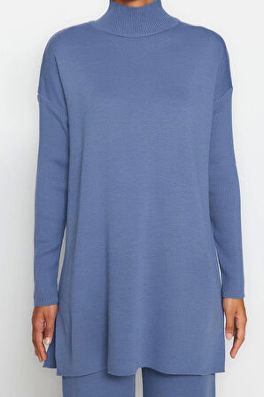 Moda Düz Balıkçı Yaka Düşük Kol Casual Günlük Yırtmaçlı Geniş Paça Triko Alt-Üst Takım