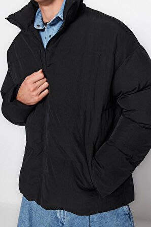 Tasarım Düz Astarlı Yaka Standart Bol Dik Unisex Oversize Fit Dik Yaka Şişme Kışlık Mont