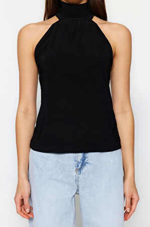 Moda Halter Yaka Örme Regular Düz Desen Resmi Regular Kolsuz Bluz