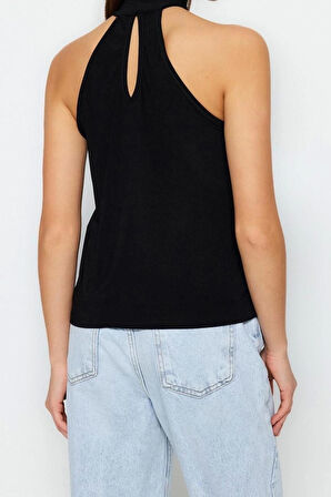 Moda Halter Yaka Örme Regular Düz Desen Resmi Regular Kolsuz Bluz