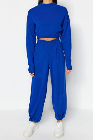 Moda Triko Yarım Balıkçı Yaka Casual Günlük Siyah Süper Crop Jogger Pantolonlu Triko Alt-Üst Takım