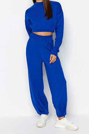 Moda Triko Yarım Balıkçı Yaka Casual Günlük Siyah Süper Crop Jogger Pantolonlu Triko Alt-Üst Takım