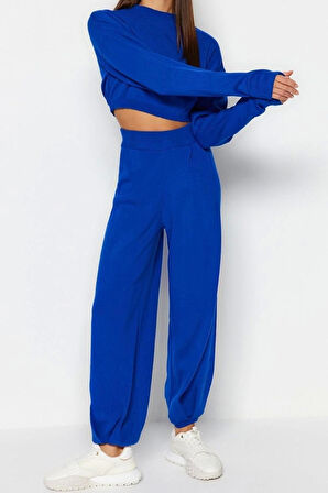 Moda Triko Yarım Balıkçı Yaka Casual Günlük Siyah Süper Crop Jogger Pantolonlu Triko Alt-Üst Takım