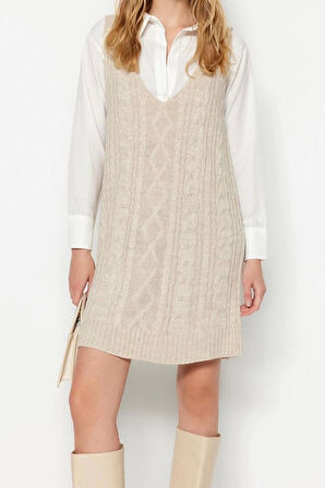 Moda Regular Casual Günlük Çift Plaka Triko V Yaka Askılı Kol Jile Mini Boy Elbise