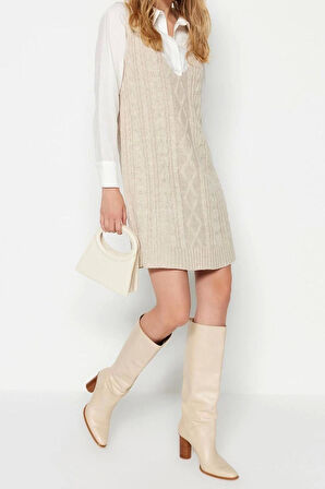 Moda Regular Casual Günlük Çift Plaka Triko V Yaka Askılı Kol Jile Mini Boy Elbise