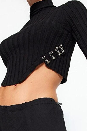 Stil Modern Kadın Crop Standart Kol Dik Yaka Süper Triko Kazak