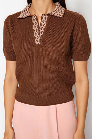 Stil Kadın Yaka Desenli Bluz Regular Triko Regular Kalıp