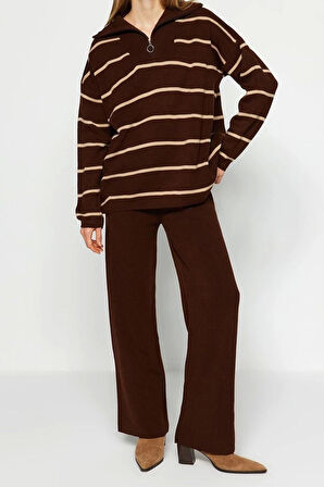 Moda Çizgili Dik Yaka Düşük Kol Casual Günlük Geniş Kalıp Fermuarlı Triko Alt-Üst Takım