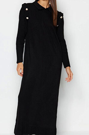 Moda Stil Regular Bisiklet Yaka Maxi Boy Tesettür Normal Kesim Uzun Triko Elbise