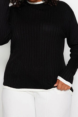 Büyük Beden Kadın Modern Tarz Rahat Uzun Dik Yaka Düz Kol Regular Triko Kazak