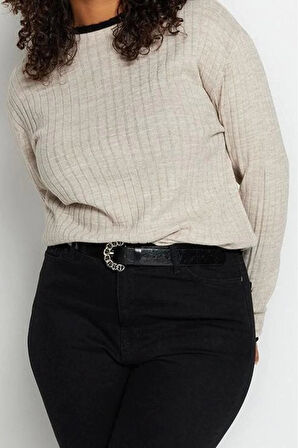 Büyük Beden Kadın Modern Tarz Rahat Uzun Dik Yaka Düz Kol Regular Triko Kazak