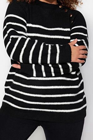 Büyük Beden Kadın Modern Tarz Rahat Uzun Bisiklet Yaka Çizgili Kol Regular Triko Kazak