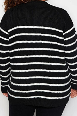 Büyük Beden Kadın Modern Tarz Rahat Uzun Bisiklet Yaka Çizgili Kol Regular Triko Kazak