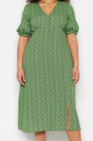 Moda Rahat Casual Günlük Shally Dokuma V Yaka Kısa Kol A-Line Midi Boy Büyük Beden Elbise