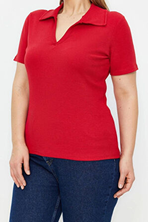 Moda Büyük Beden Polo Yaka Örme Regular Düz Desen Casual Günlük Crop Kısa Kol Bluz