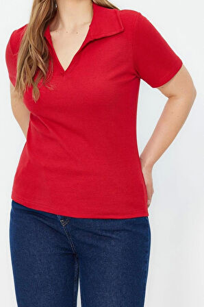 Moda Büyük Beden Polo Yaka Örme Regular Düz Desen Casual Günlük Crop Kısa Kol Bluz