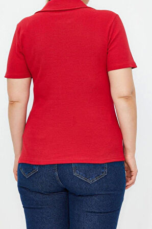 Moda Büyük Beden Polo Yaka Örme Regular Düz Desen Casual Günlük Crop Kısa Kol Bluz