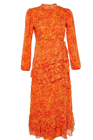 Moda Stil Regular Bisiklet Yaka Maxi Boy Tesettür Çiçekli Eteği Fırfırlı Astarlı Dokuma Şifon Elbise