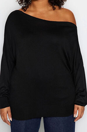 Büyük Beden Kadın Modern Tarz Rahat Uzun Carmen Yaka Düz Kol Regular Triko Kazak