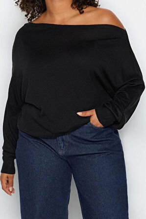 Büyük Beden Kadın Modern Tarz Rahat Uzun Carmen Yaka Düz Kol Regular Triko Kazak