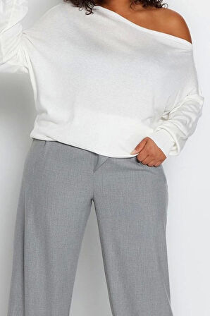 Büyük Beden Kadın Modern Tarz Rahat Uzun Carmen Yaka Düz Kol Regular Triko Kazak