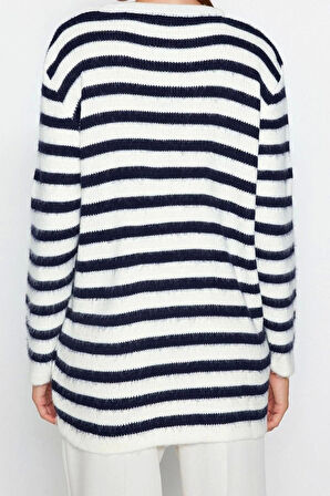 Kadın Modern Tarz Rahat Uzun Bisiklet Yaka Çizgili Kol Regular Triko Hırka