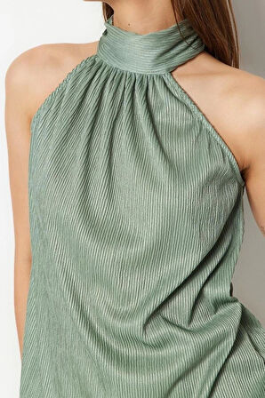 Moda Halter Yaka Örme Regular Düz Desen Resmi Regular Kolsuz Bluz