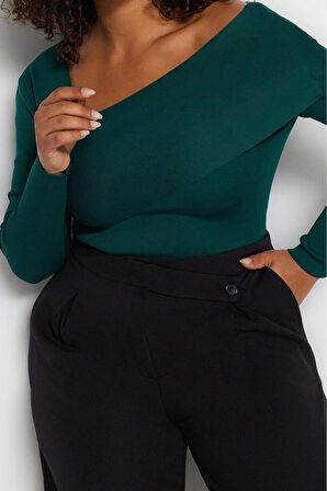 Büyük Beden Kadın Modern Tarz Rahat Uzun Asimetrik Yaka Düz Kol Regular Triko Kazak