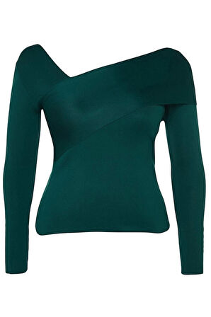 Büyük Beden Kadın Modern Tarz Rahat Uzun Asimetrik Yaka Düz Kol Regular Triko Kazak