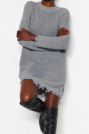 Moda Oversize Casual Günlük Çift Plaka Triko Bisiklet Yaka Uzun Kol A-Line Mini Boy Elbise