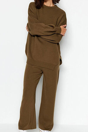 Tarz Kadın Modern Moda Normal Bel Boru Paça Bisiklet Yaka Geniş Kalıp Balon Kol Triko Alt-Üst Takım