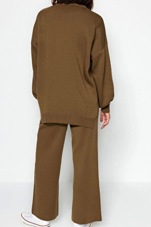 Tarz Kadın Modern Moda Normal Bel Boru Paça Bisiklet Yaka Geniş Kalıp Balon Kol Triko Alt-Üst Takım